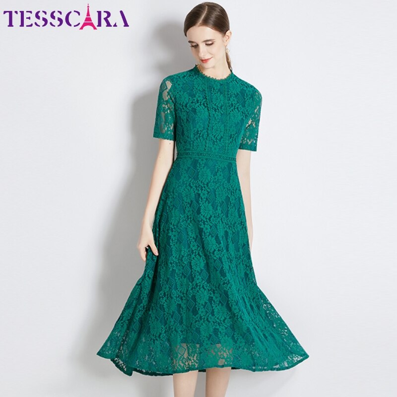 TESSCARA 여성용 우아한 레이스 드레스, 고품질 롱 오피스 레이디 칵테일 파티 로브, 빈티지 디자이너 A 라인 베스티도, 여름